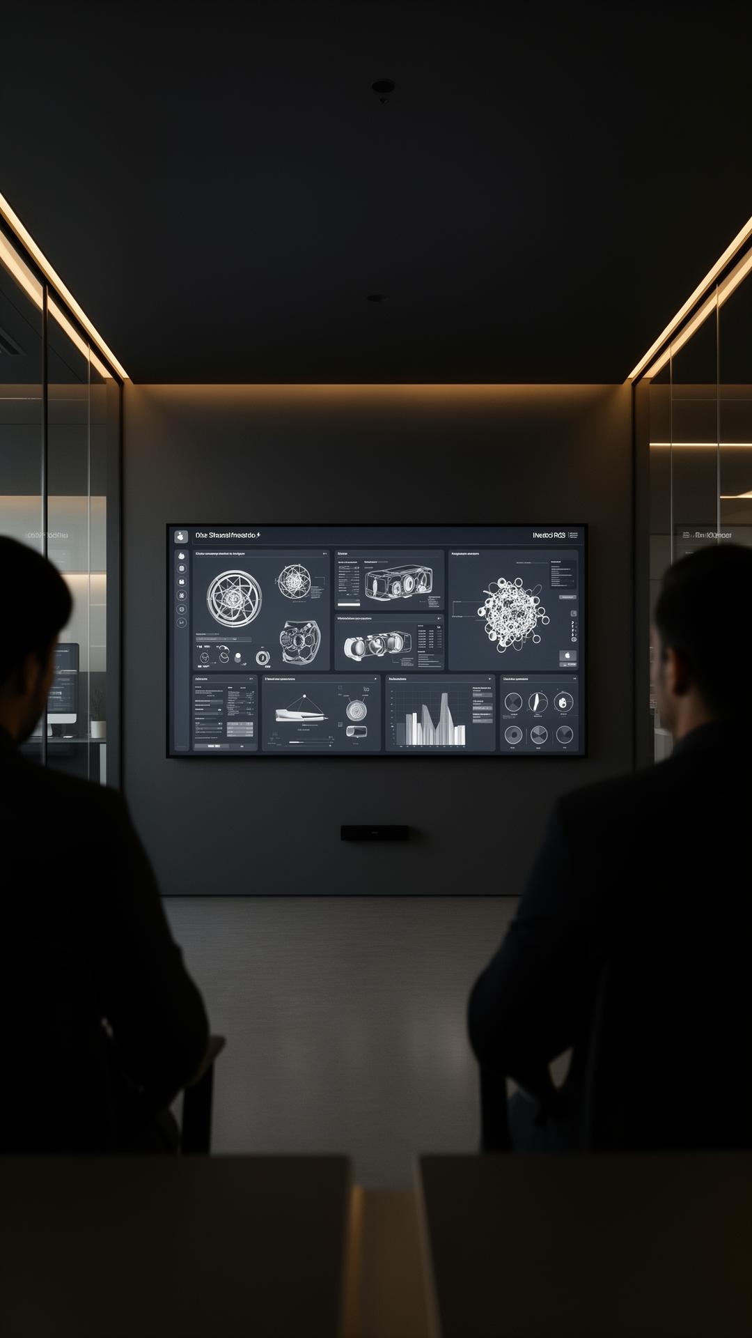 Strategic meeting reviewing scientific prototypes on a wall display